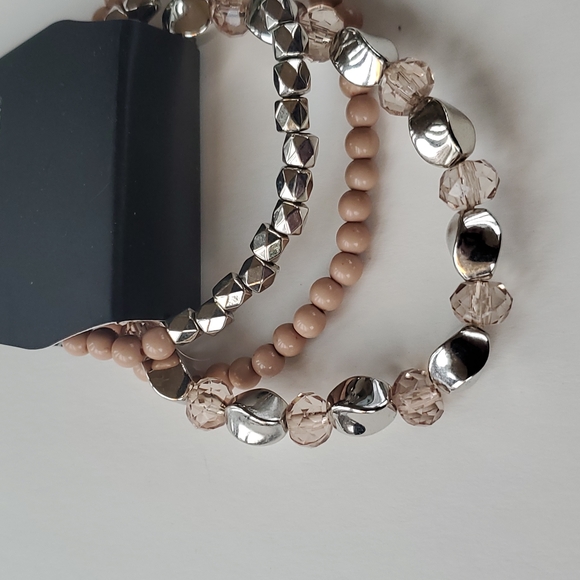 Boutique Paparazzi Beige and Silver 3 Strand Stretchy Fashion Bracelets - Picture 3 of 5